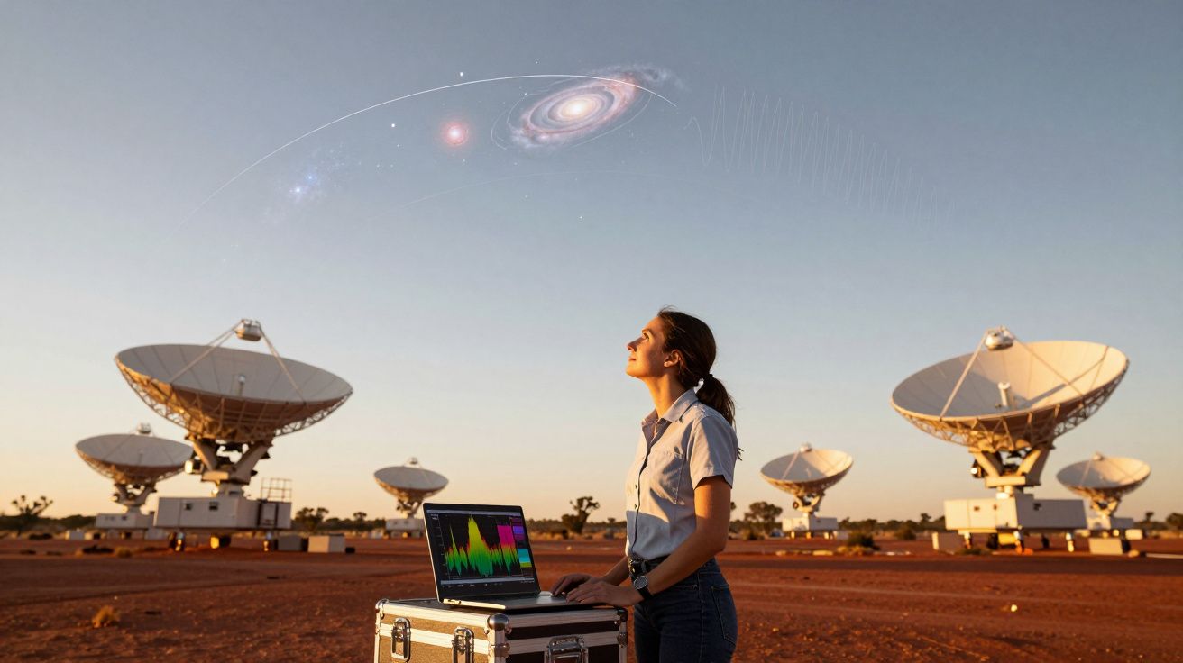 Mulher com laptop observa sinais cósmicos, rodeada por antenas parabólicas num campo aberto ao pôr do sol.