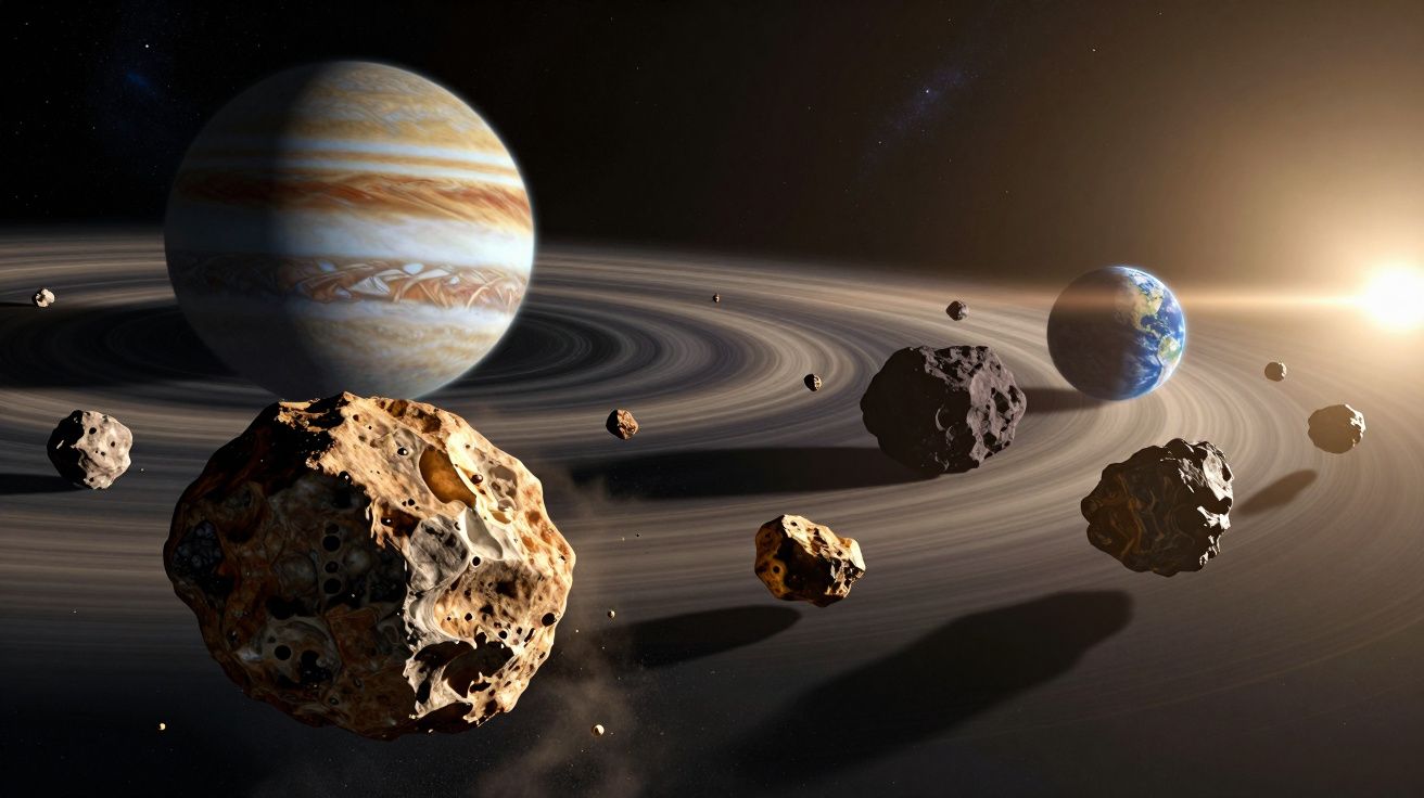 Planetas, asteróides e o sol num sistema solar, com anéis planetários visíveis no espaço.