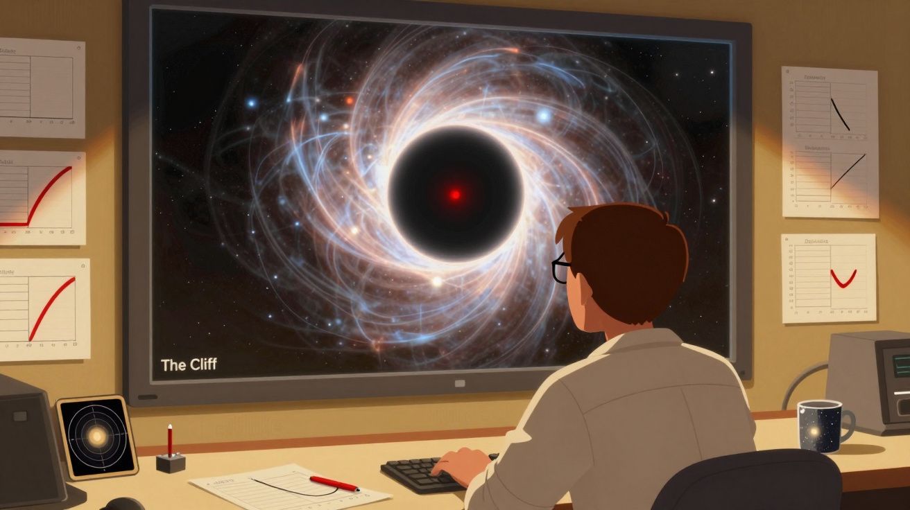 Pessoa sentada num escritório a observar no ecrã uma representação gráfica de um buraco negro com energia em espiral.