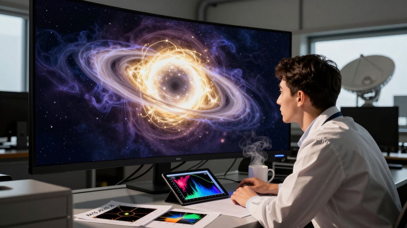 Homem a analisar imagem digital de buraco negro num ecrã grande num escritório moderno.