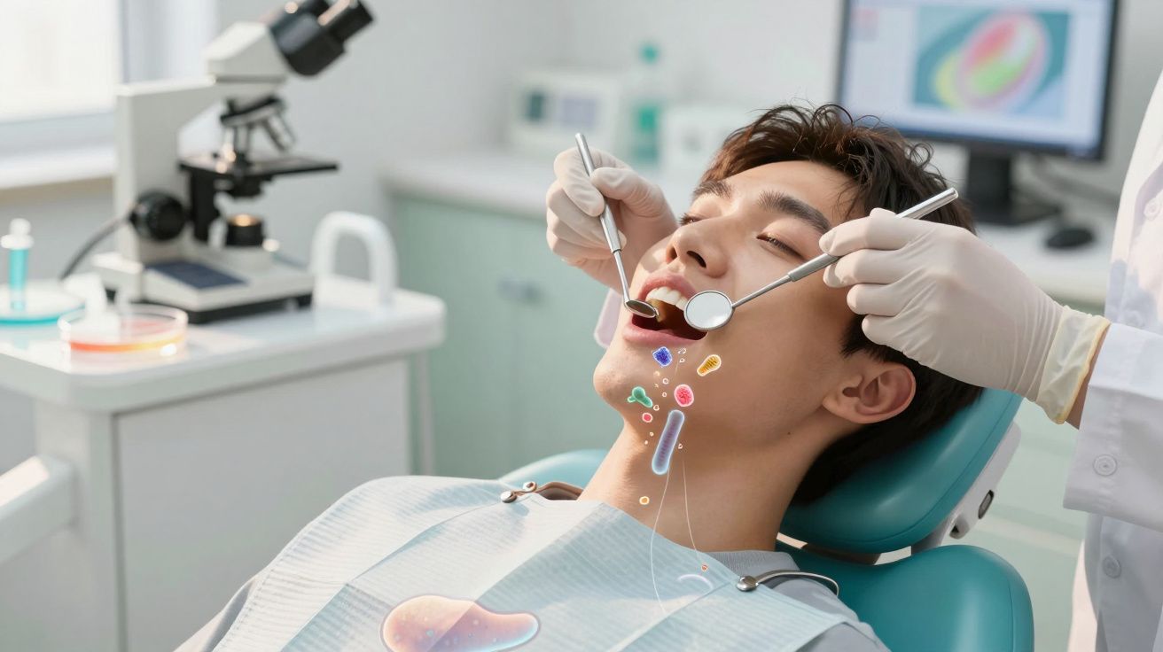 Paciente jovem recebe exame dentário com ilustração de bactérias na boca.