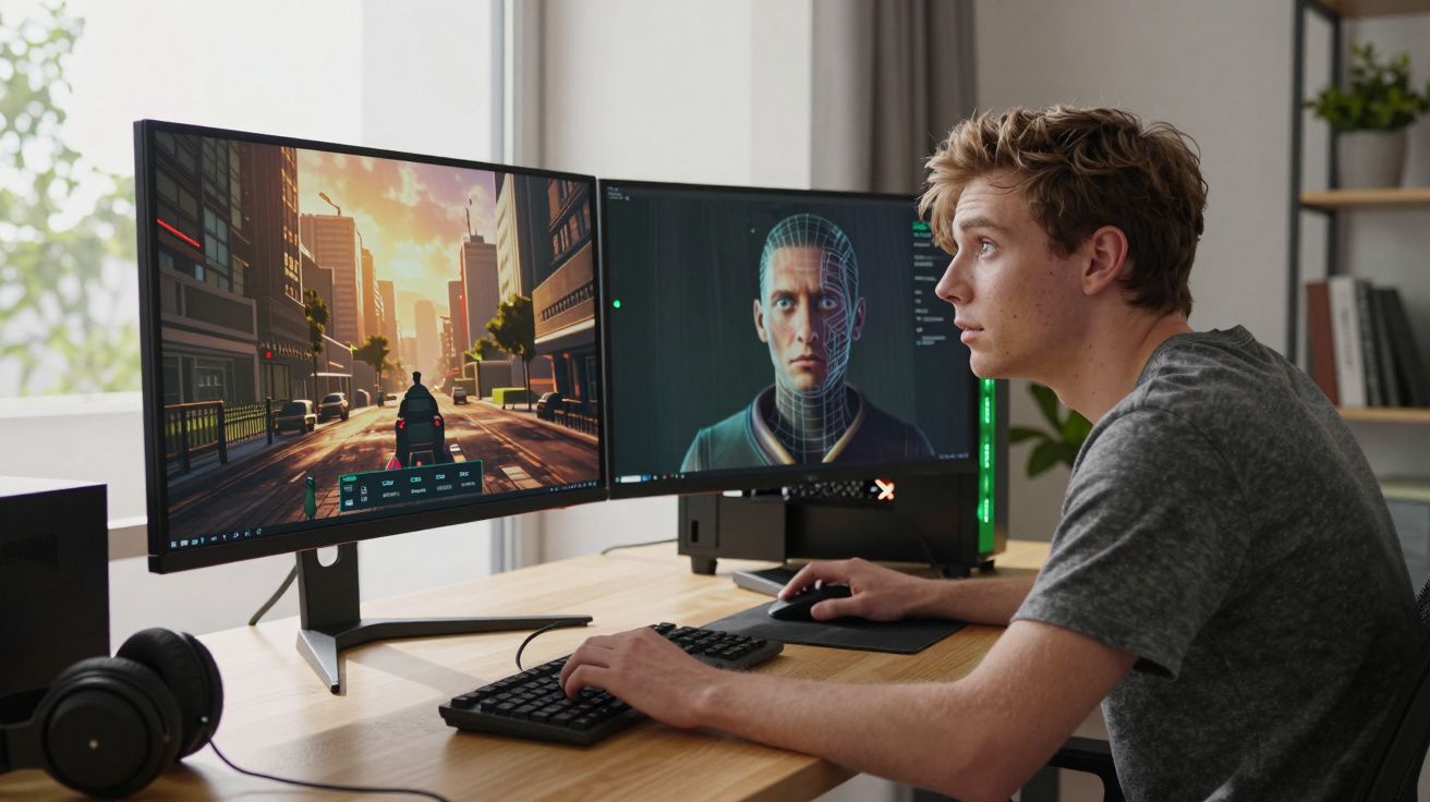 Jovem a trabalhar num projeto de modelagem 3D num computador com dois ecrãs numa mesa de madeira.