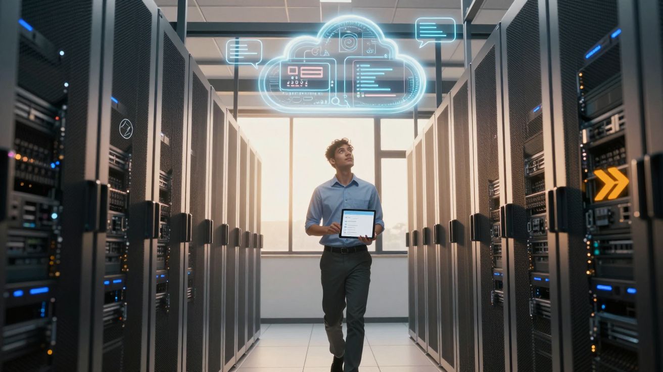Homem com tablet num data center com ícone de nuvem digital acima representando armazenamento na cloud.
