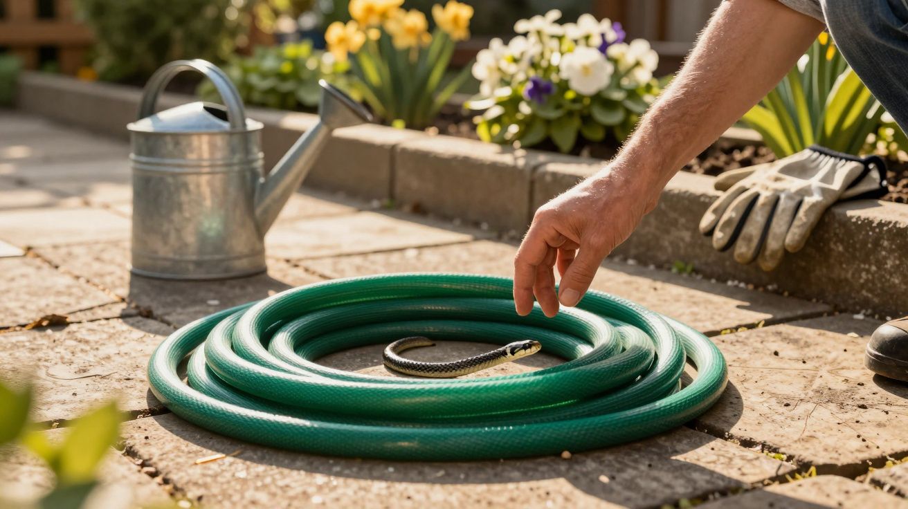 Mão humana a tentar apanhar uma pequena cobra preta enrolada no meio de uma mangueira verde no jardim.
