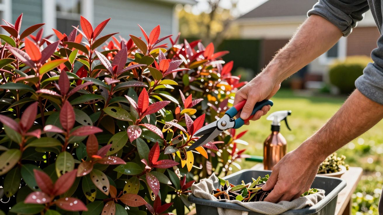 Pessoa a podar arbusto com folhas vermelhas, utilizando tesouras de poda ao ar livre num jardim.