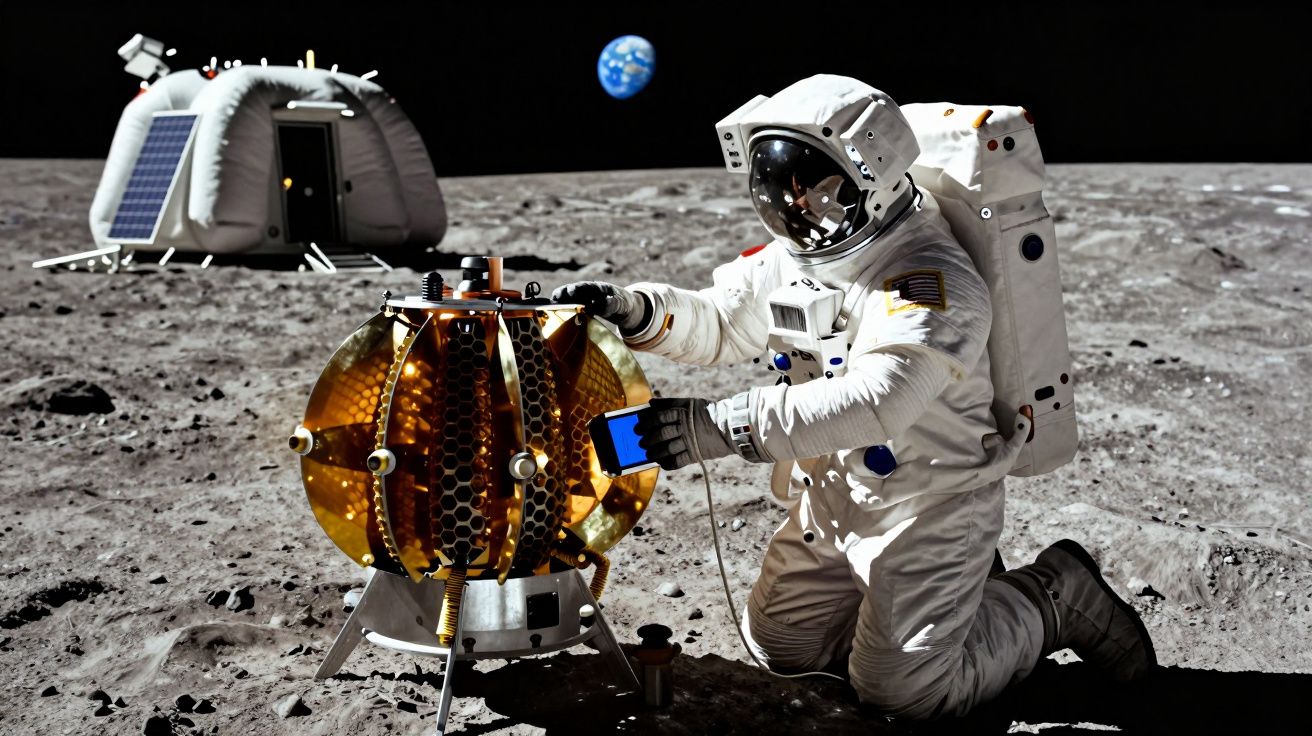 Astronauta em fato espacial ajoelhado na superfície lunar junto a equipamento dourado, com terra ao fundo.