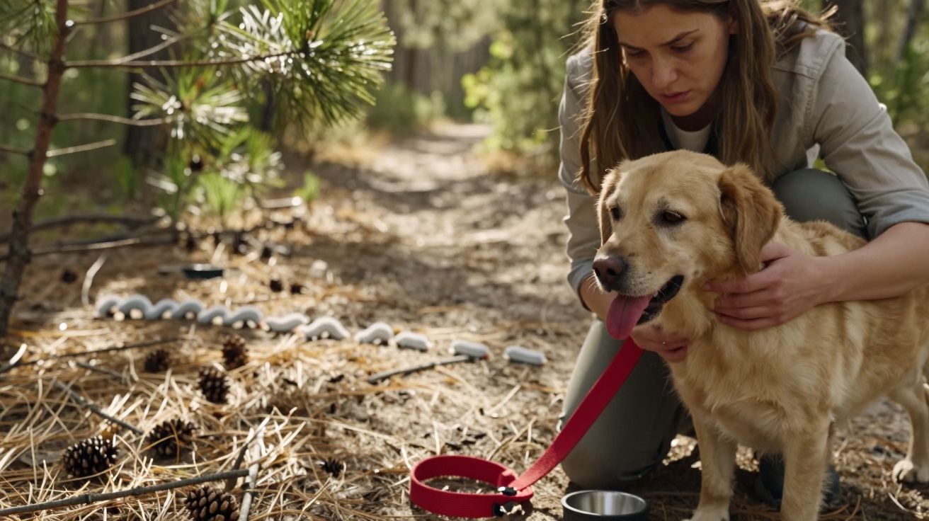 Mulher com cão dourado de trela vermelha numa floresta com pinhas e folhas secas no chão.