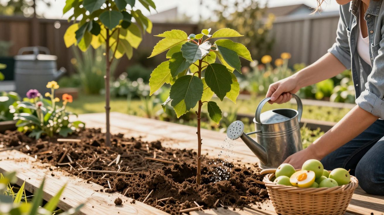 Pessoa a regar uma árvore jovem num canteiro de jardim com uma cesta de ameixas ao lado.
