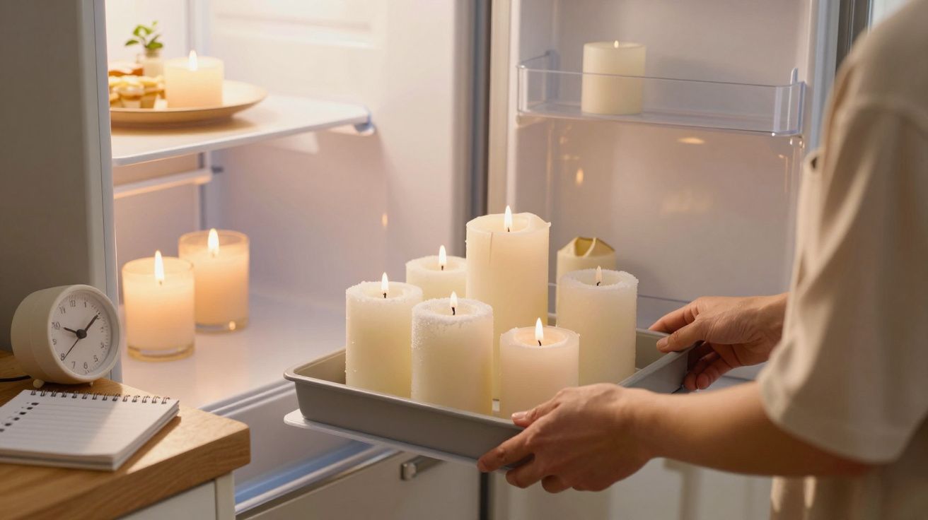 Pessoa a colocar velas acesas sobre uma bandeja dentro de um frigorífico aberto.
