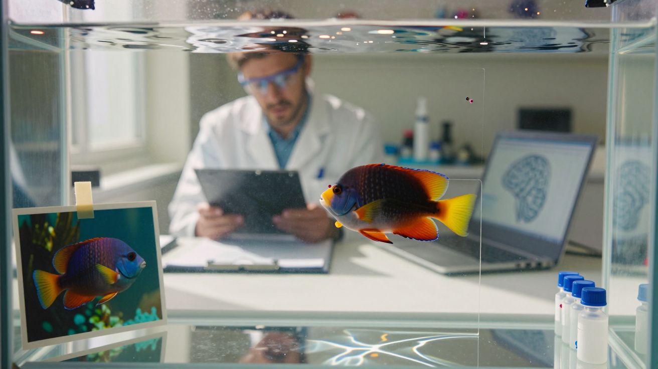 Peixinho colorido num aquário em laboratório com cientista a analisar dados no fundo.