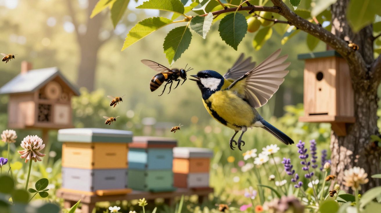 Pássaro em voo enfrentando vespas perto de colmeias coloridas num jardim florido e ensolarado.
