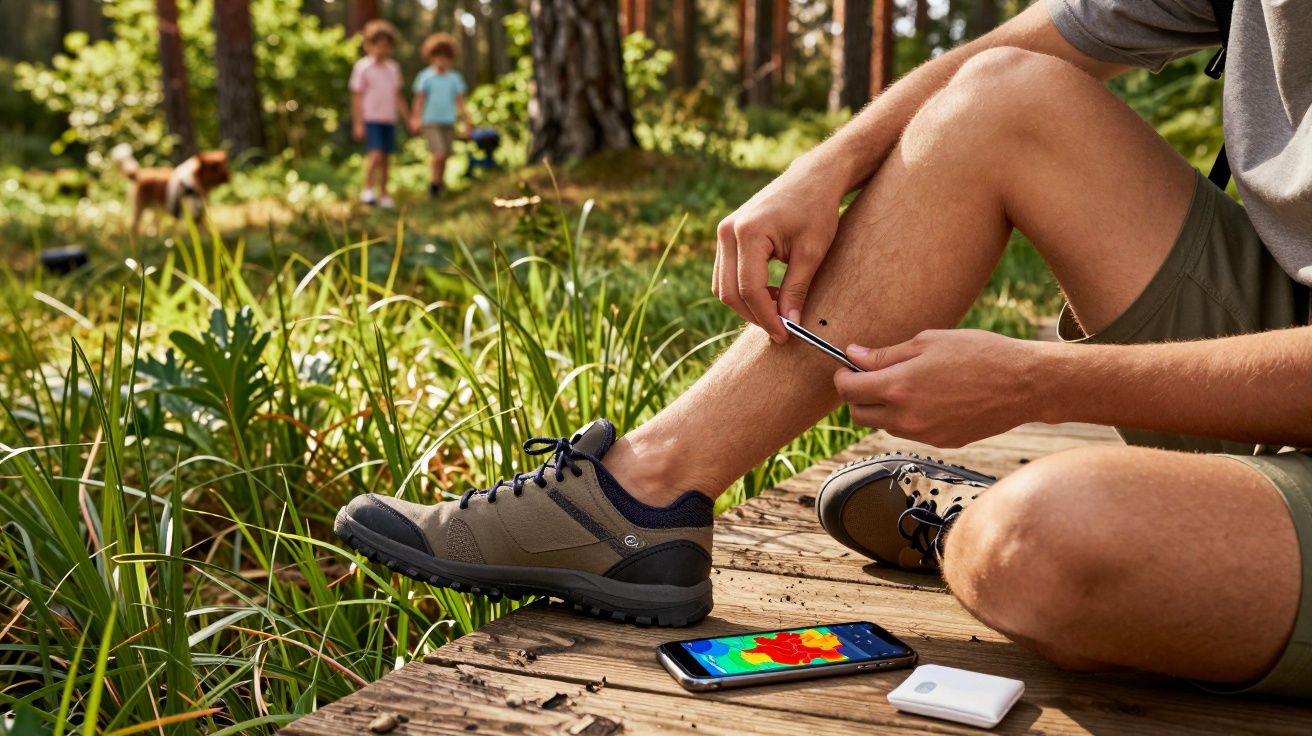 Pessoa sentada no chão de madeira, olhando para um dispositivo junto a um smartphone com mapa térmico, em floresta.