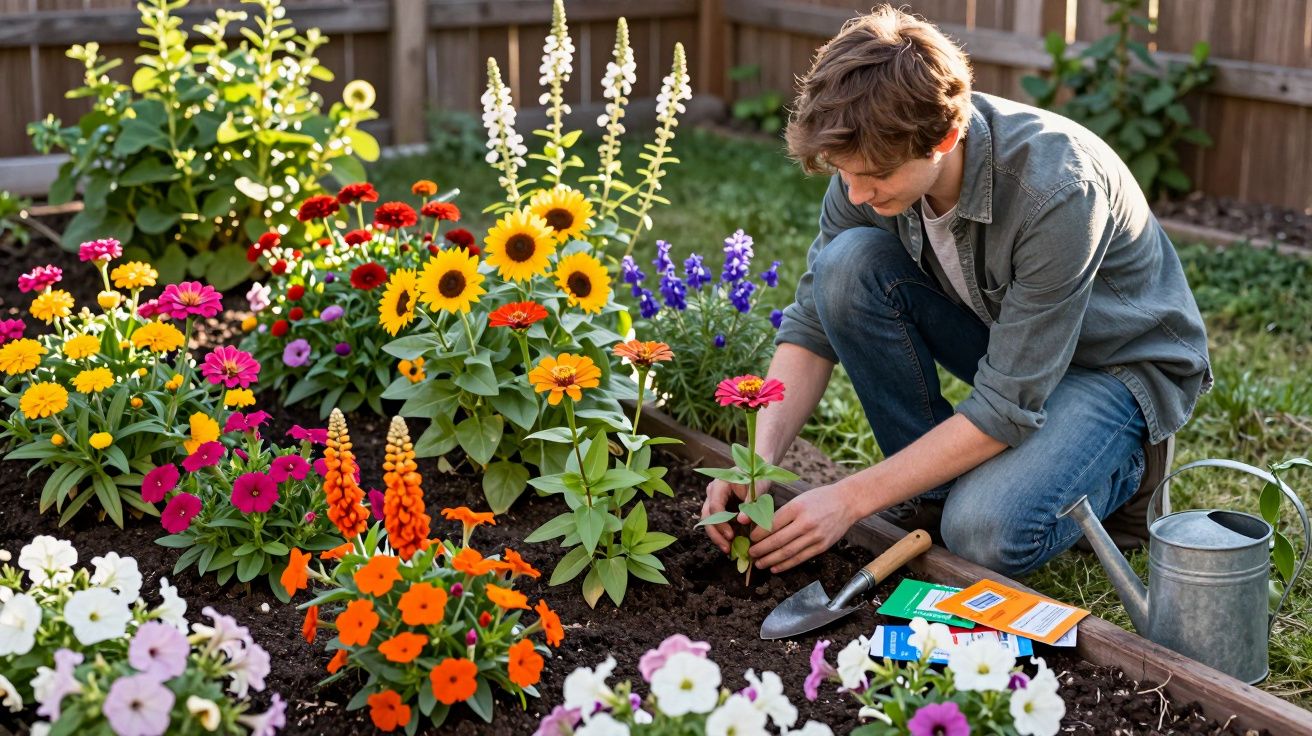 Jovem a plantar flores coloridas num canteiro de jardim com regador e sementes ao lado.