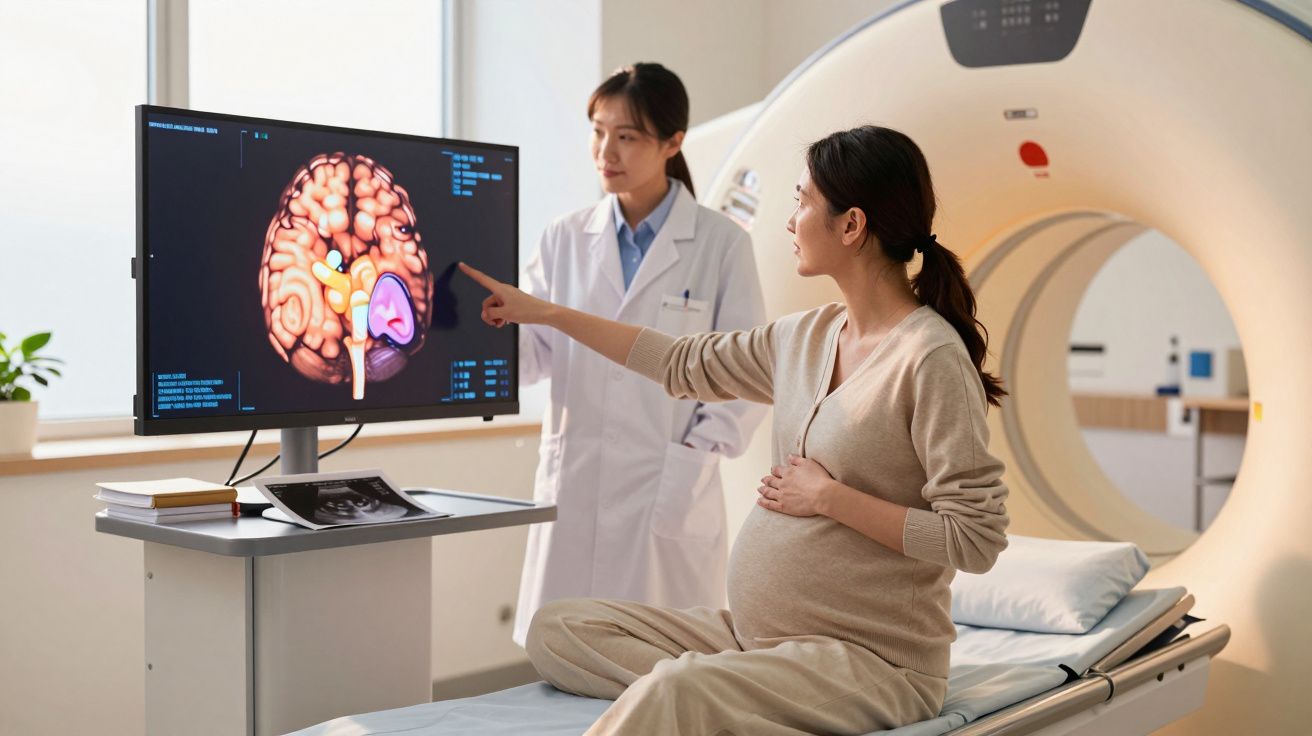 Mulher grávida aponta para imagem do cérebro numa consulta médica com profissional de saúde.