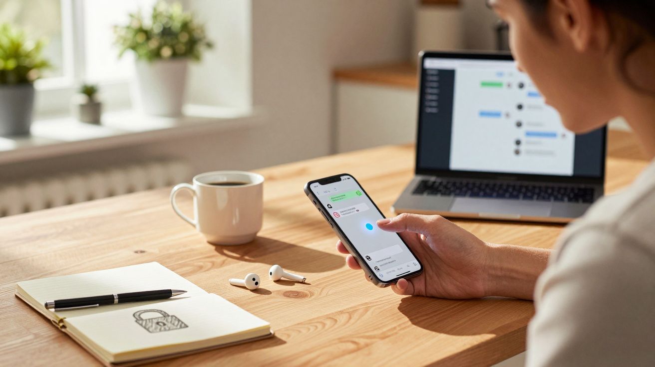 Pessoa a usar um smartphone para enviar mensagens, com portátil, caderno e café numa mesa de madeira.