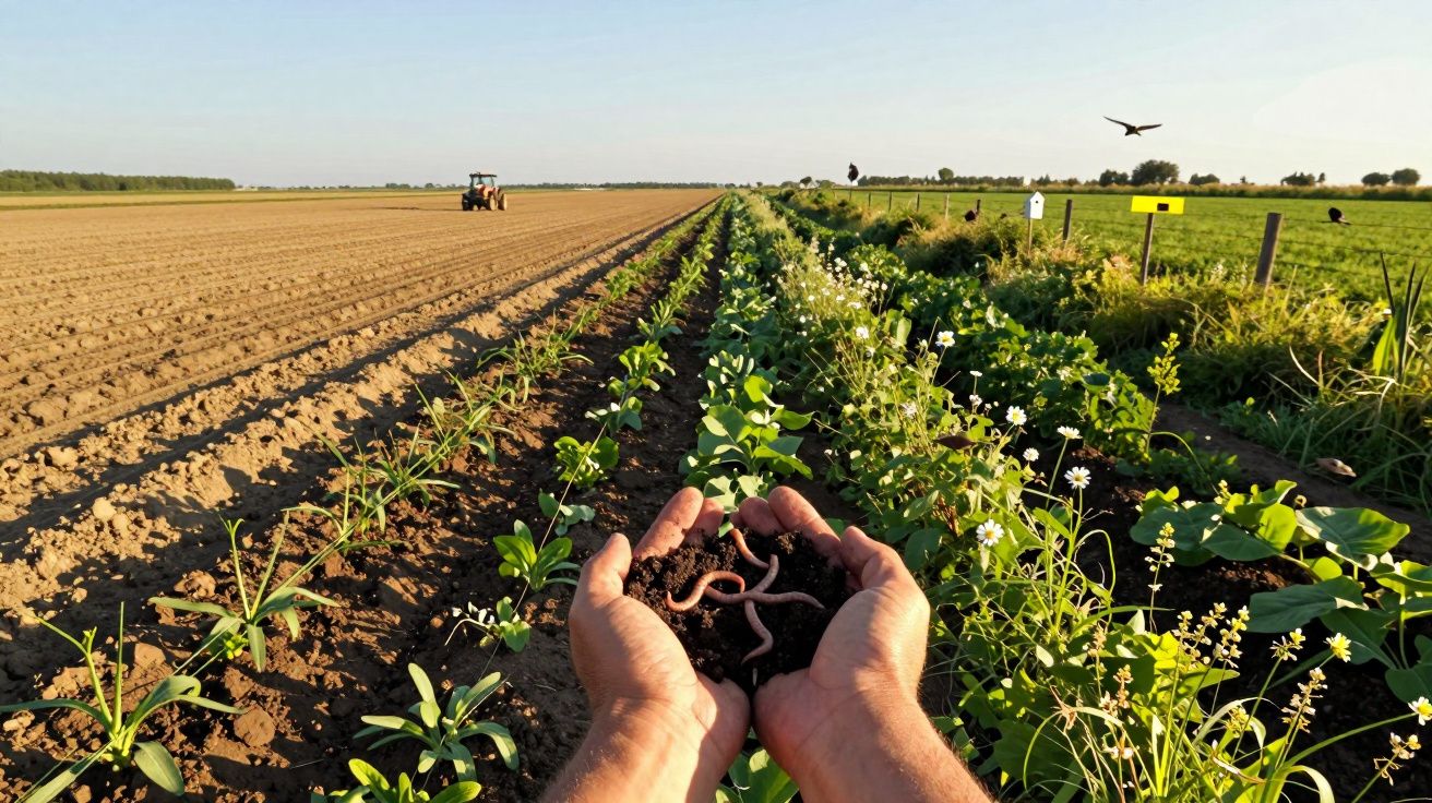 Mãos seguram terra com minhocas à frente de fileiras de plantas numa horta com trator ao fundo.