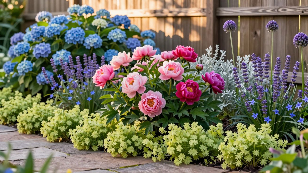 Jardim com flores coloridas, incluindo peónias cor-de-rosa, lavanda roxa e hortênsias azuis junto a uma vedação de madeira.