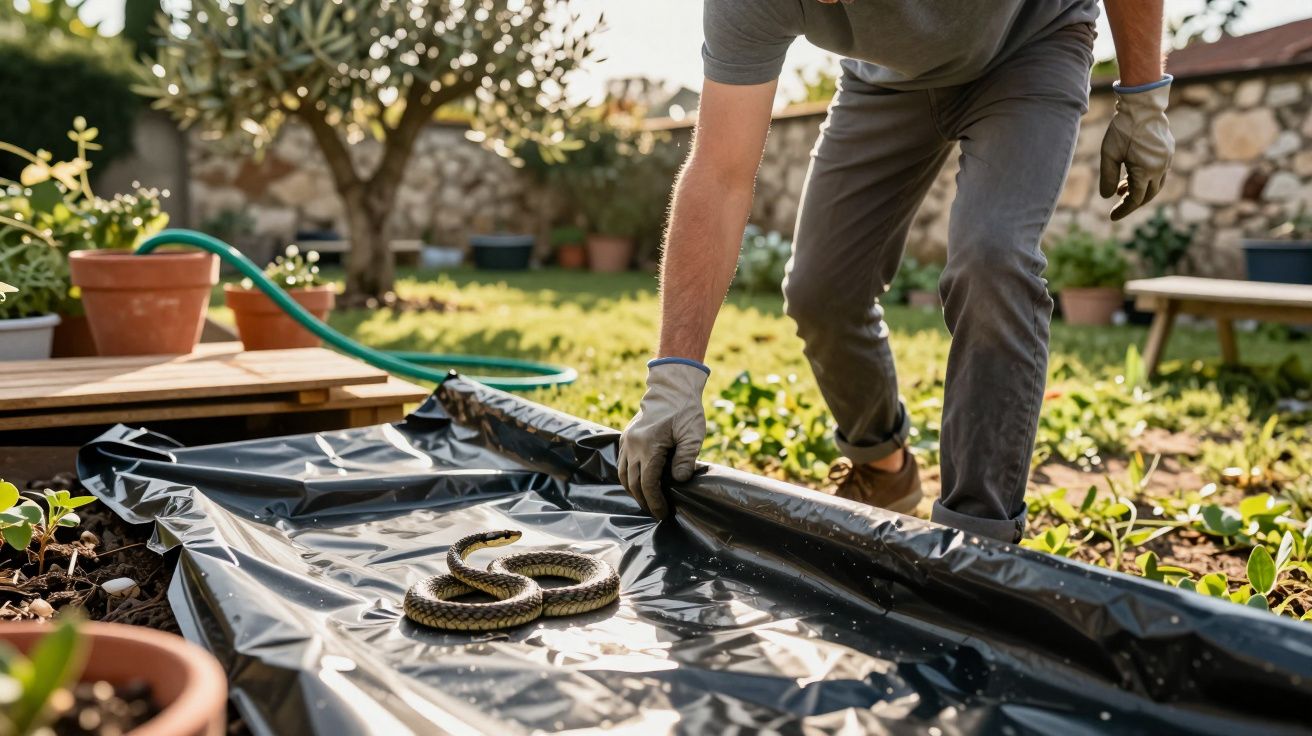 Pessoa com luvas a levantar uma lona preta com uma cobra enrolada em cima num jardim ensolarado.