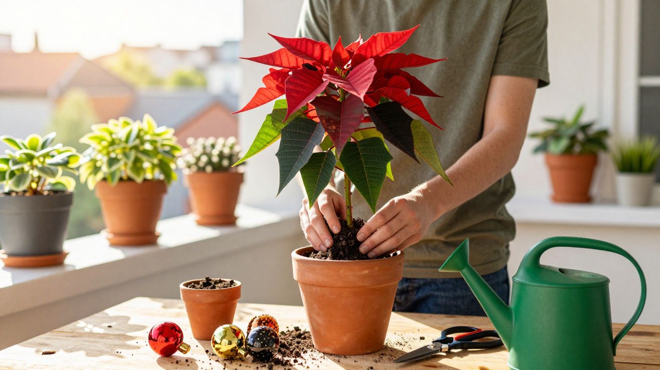 Pessoa a plantar uma flor-de-natal num vaso de barro numa varanda ensolarada com decoração de Natal.