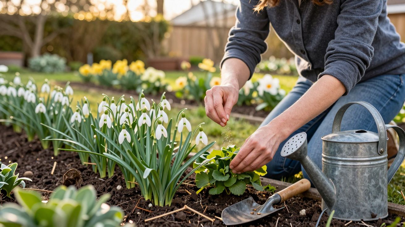 Pessoa a cuidar de flores num jardim com regador e ferramenta de jardinagem ao lado.