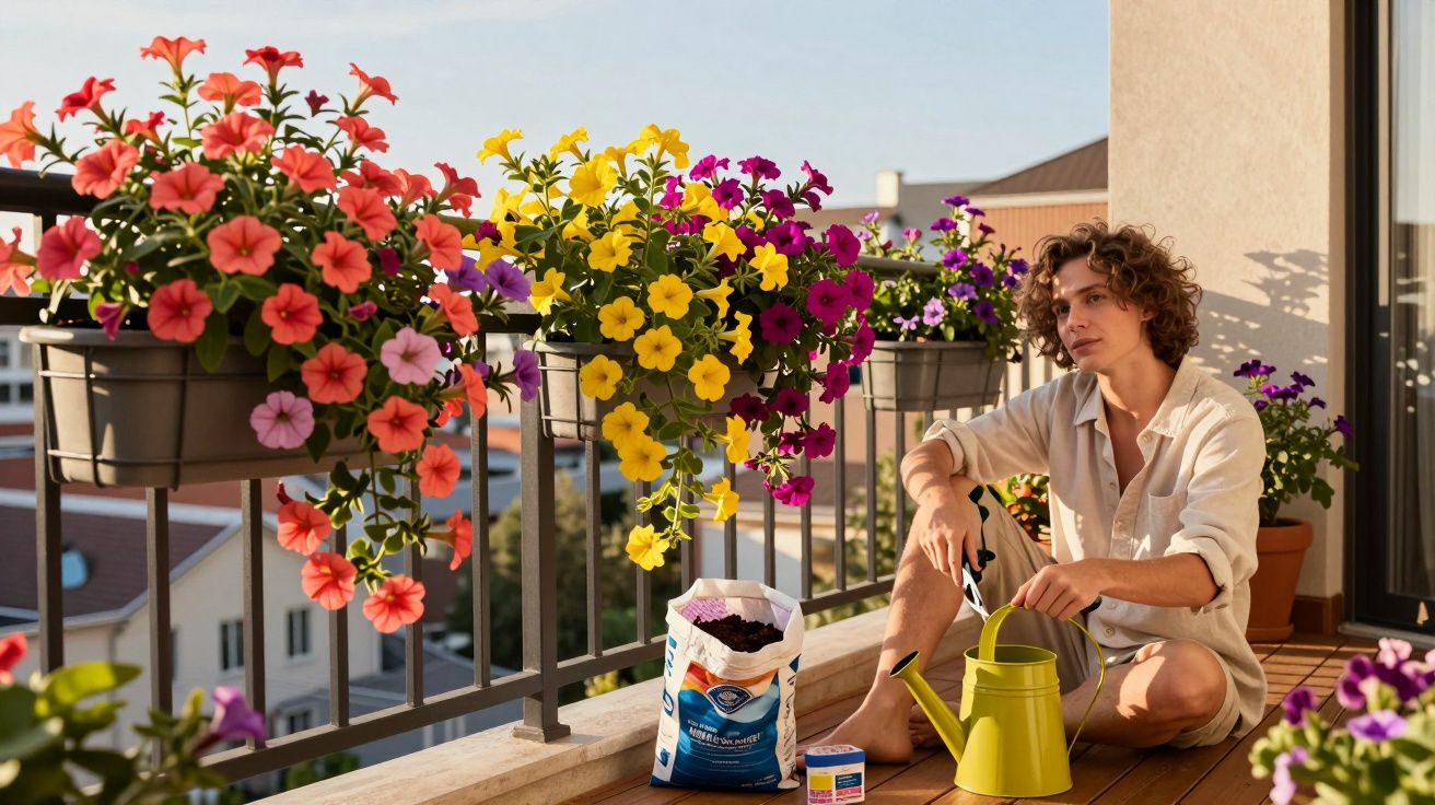 Pessoa sentada numa varanda a regar plantas com flores coloridas em vasos suspensos e no chão.