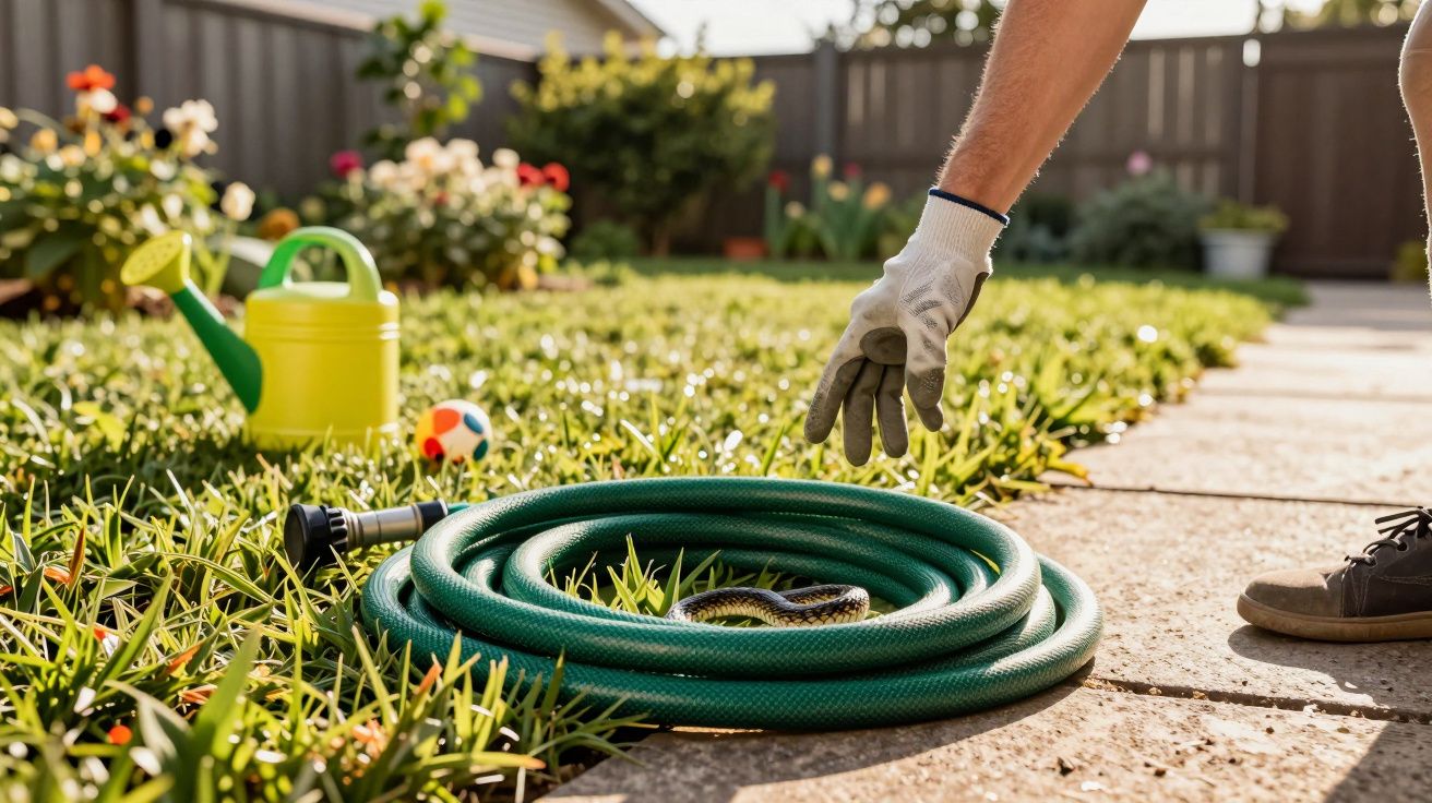 Pessoa com luva a tentar apanha uma cobra enrolada dentro de uma mangueira num jardim.
