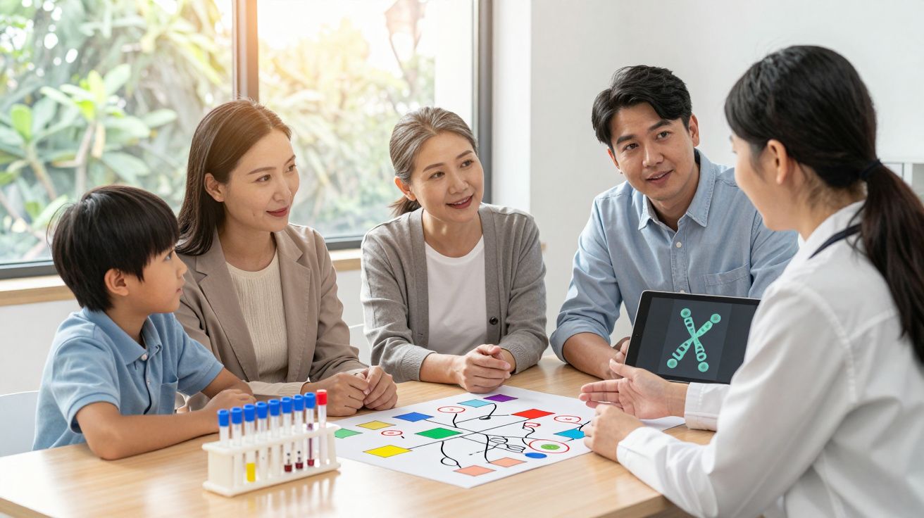 Médica explica testes genéticos a família sentada à mesa com tubos de ensaio e esquema colorido.