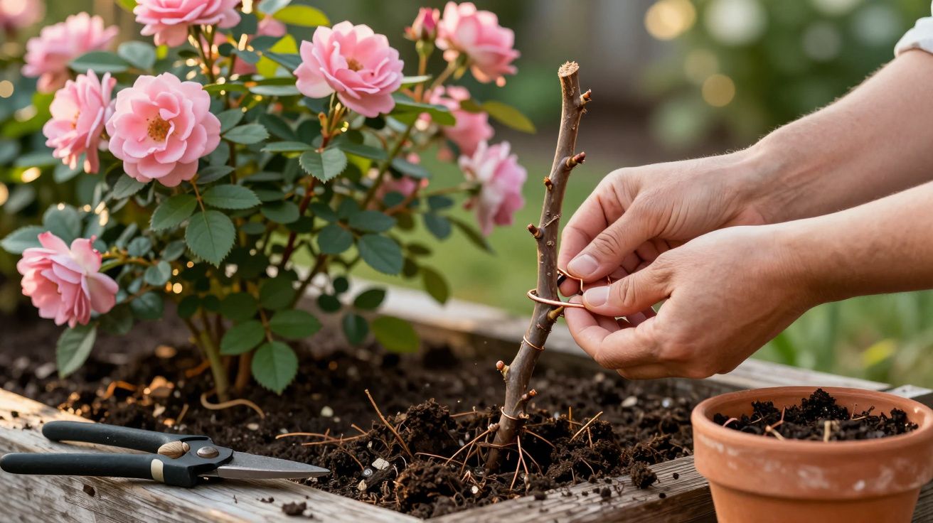 Mãos a prender ramo de roseira num suporte num canteiro com rosa cor-de-rosa em flor ao lado.