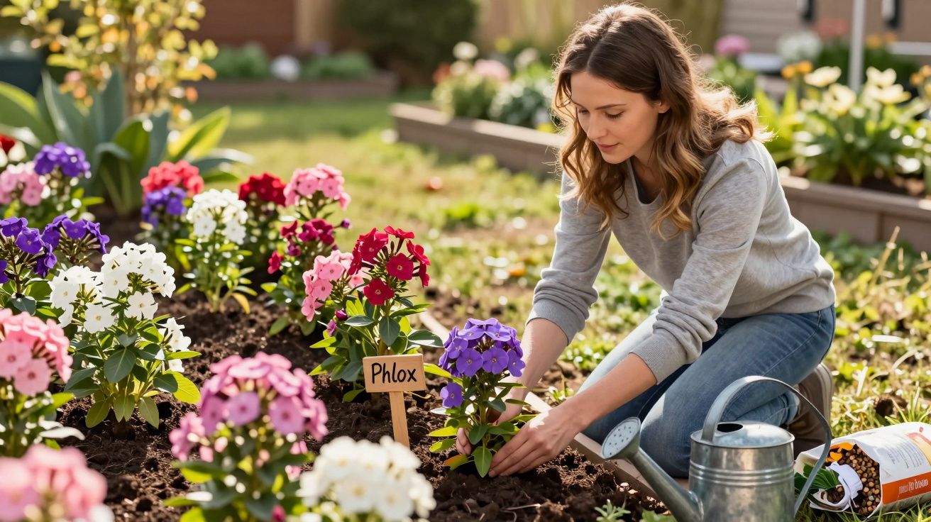 Mulher a cuidar de flores Phlox num jardim ensolarado, com regador metálico ao lado.