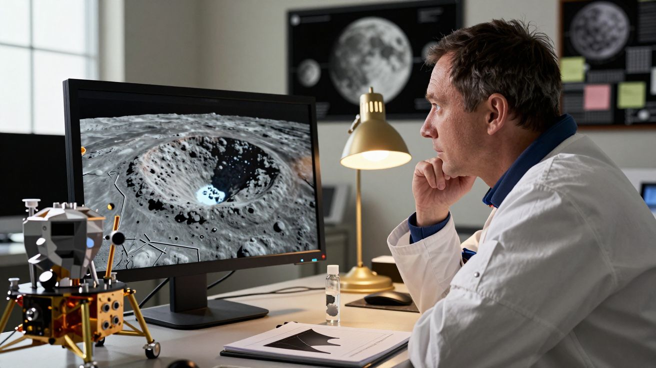 Homem na sala de controlo observa imagem computadorizada de cratera lunar num ecrã.