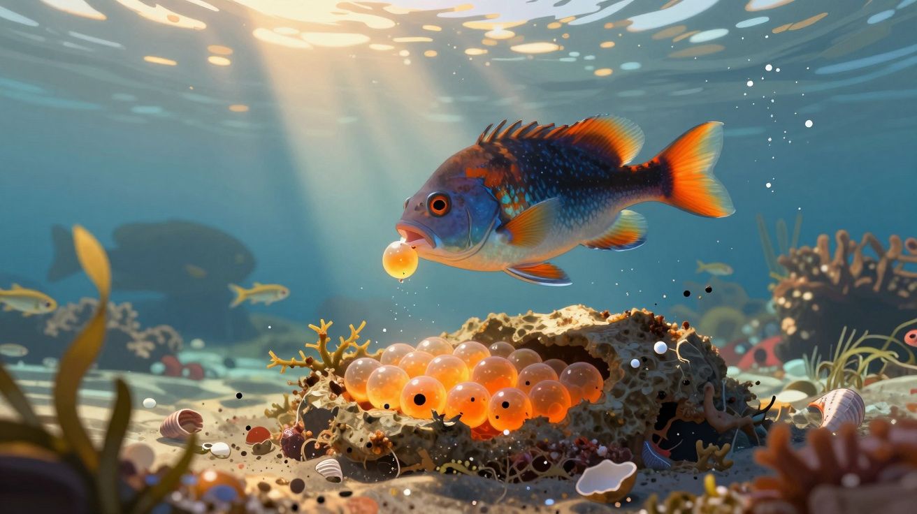Peixe colorido a apanhar um ovo em ambiente subaquático iluminado pelo sol, rodeado de corais e outros peixes.