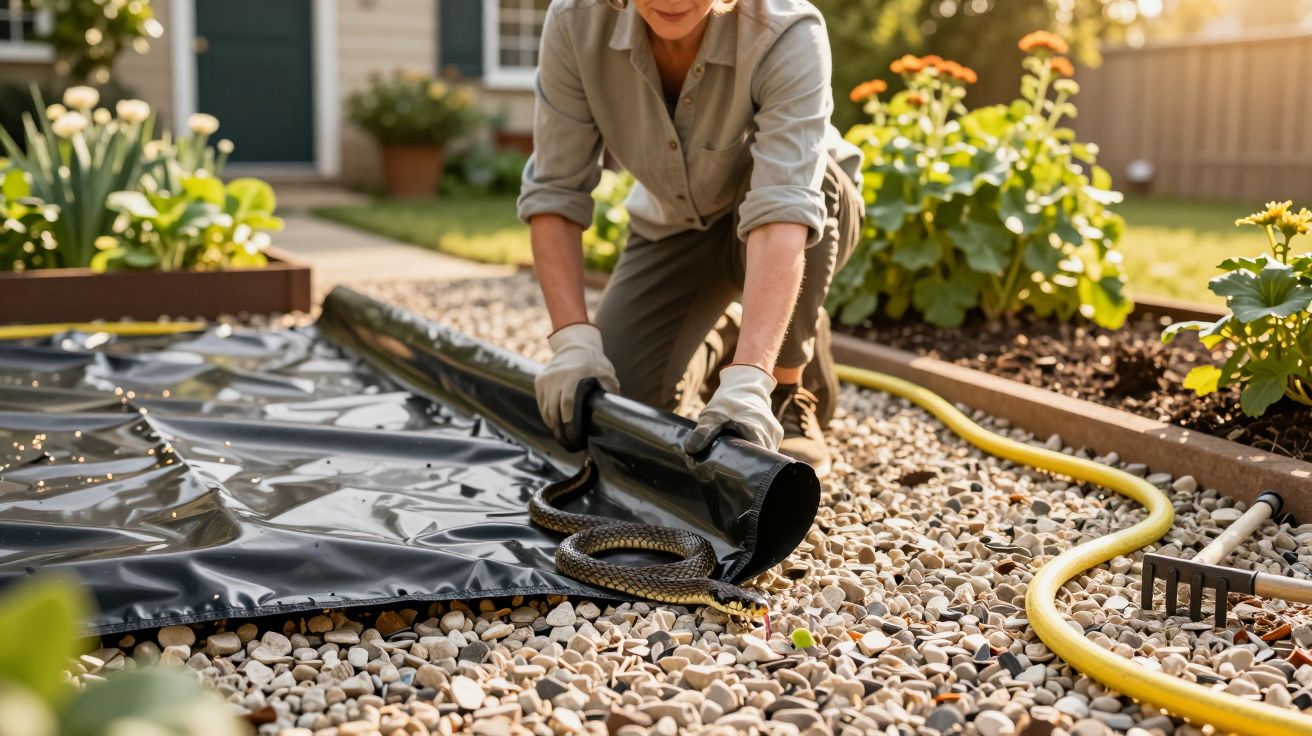 Pessoa a desenrolar plástico preto num jardim com gravilha, enquanto uma cobra rasteja perto.