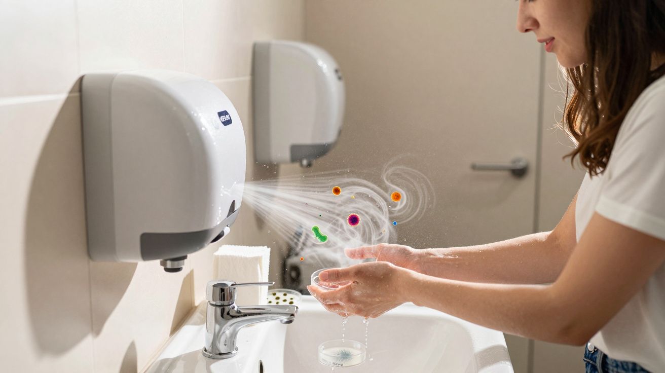 Mulher a lavar as mãos em casa de banho com secador automático a expelir vírus e bactérias.