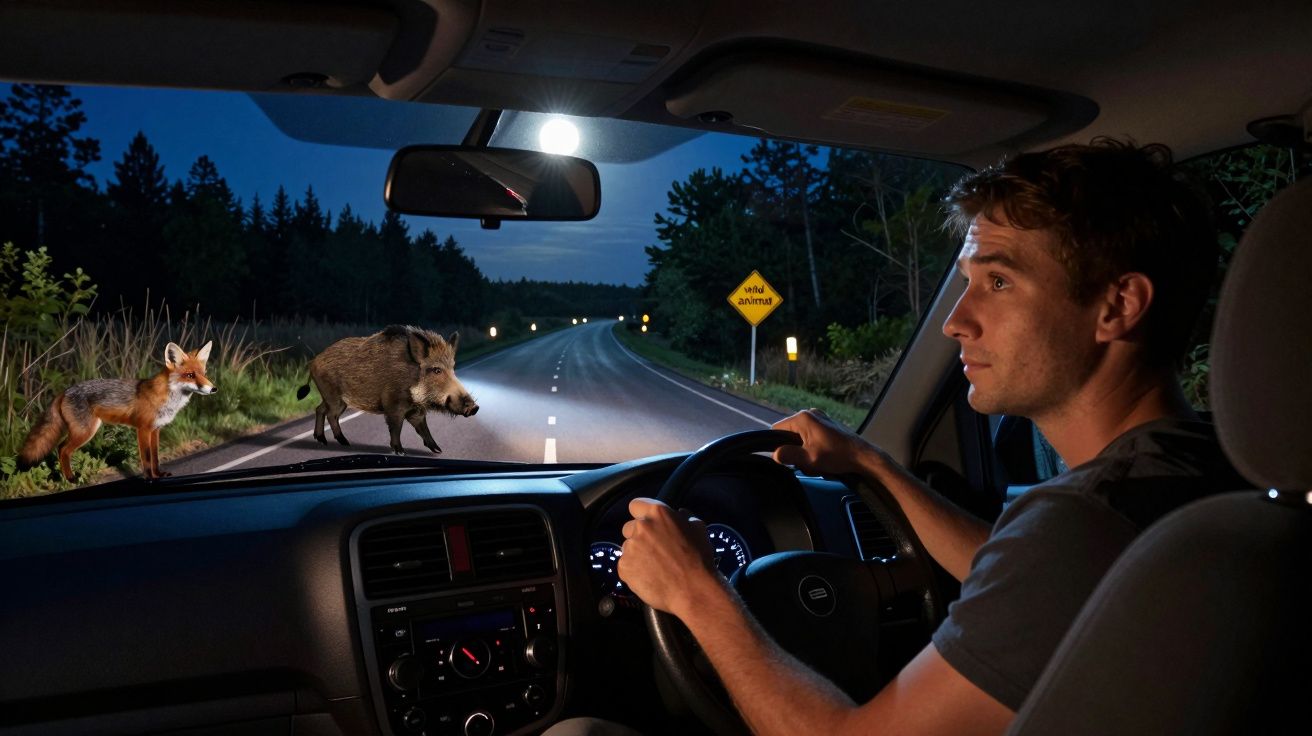 Homem ao volante observa raposa e javali na estrada à noite, sinal de alerta para animais selvagens visível.