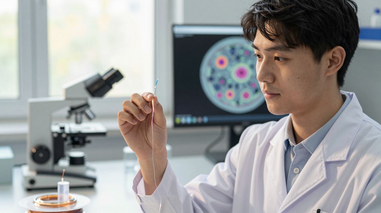 Cientista asiático a segurar um fio fino em laboratório com microscópio e ecrã ao fundo.