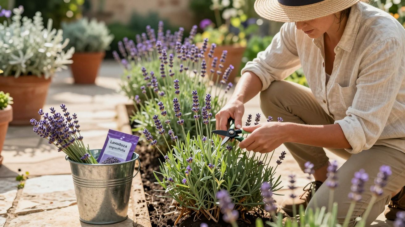 Mulher jardinagem a podar flores de lavanda num canteiro num dia ensolarado.