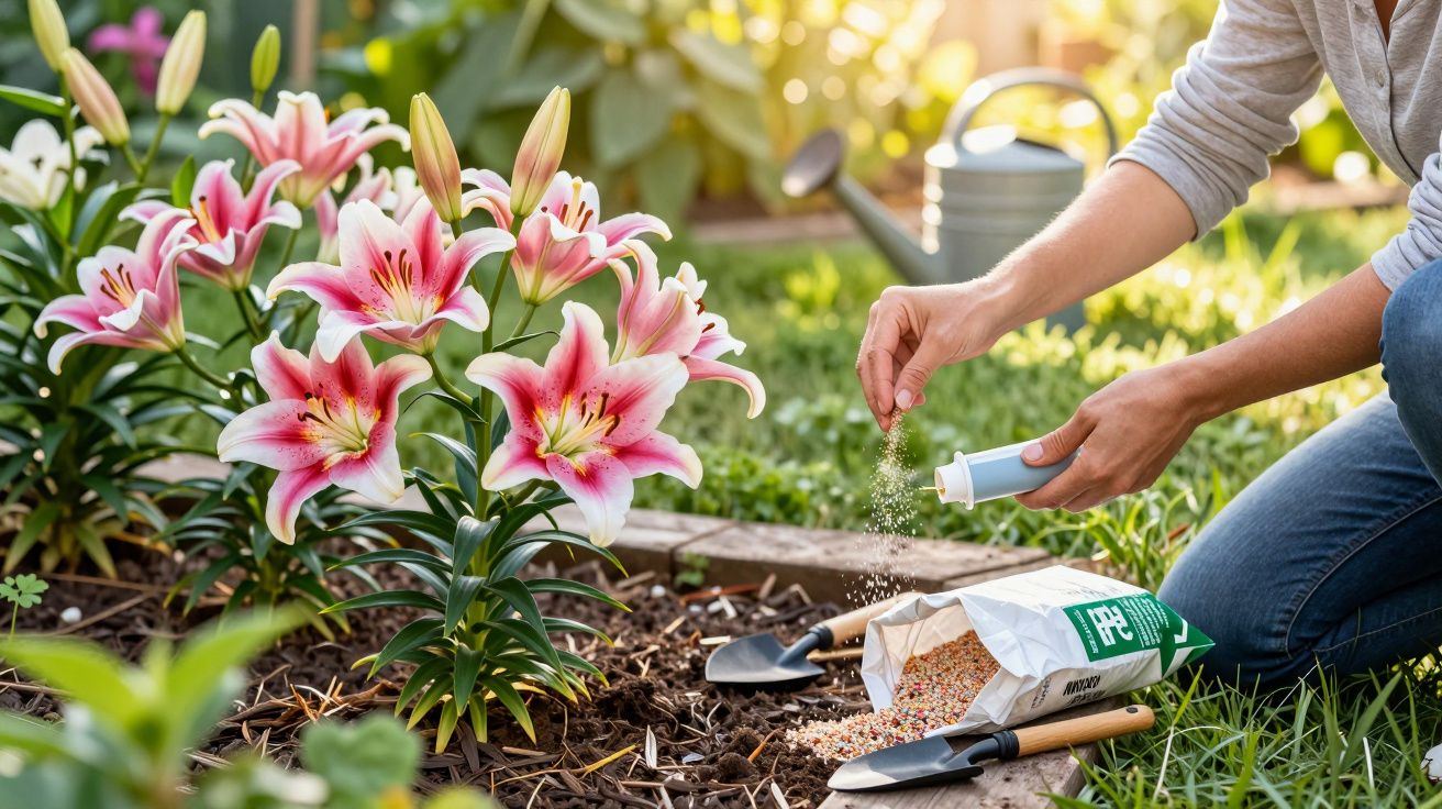 Pessoa a adubar flores rosas num jardim ensolarado com ferramentas de jardinagem ao lado.
