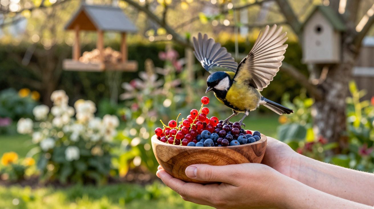 Pássaro pousado numa tigela de madeira com frutas vermelhas, mãos humanas segurando no jardim ao ar livre.