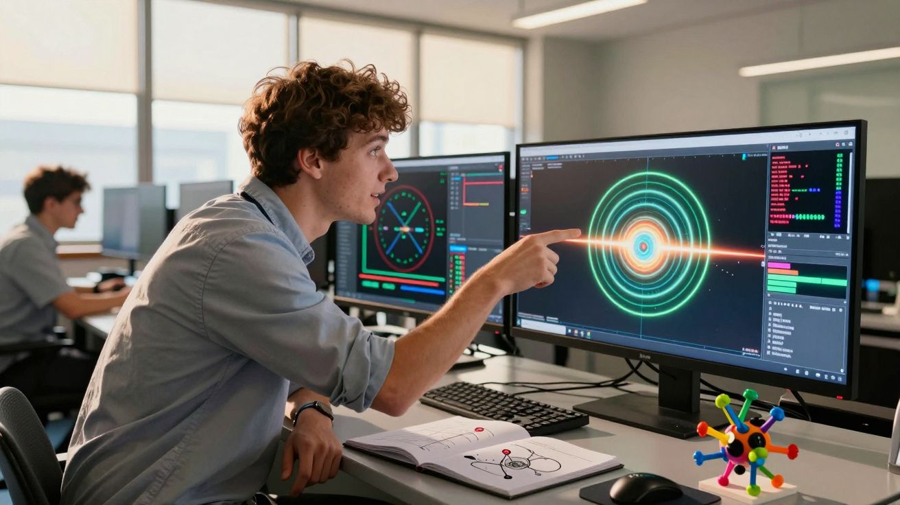 Homem sentado num escritório a apontar para gráficos coloridos em monitores de computador, com livro aberto à frente.