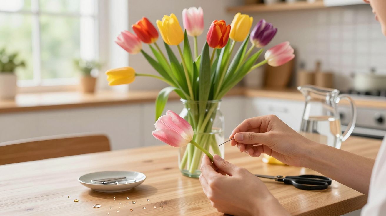 Pessoa a fazer arranjo floral com tulipas coloridas numa cozinha iluminada pela luz natural.