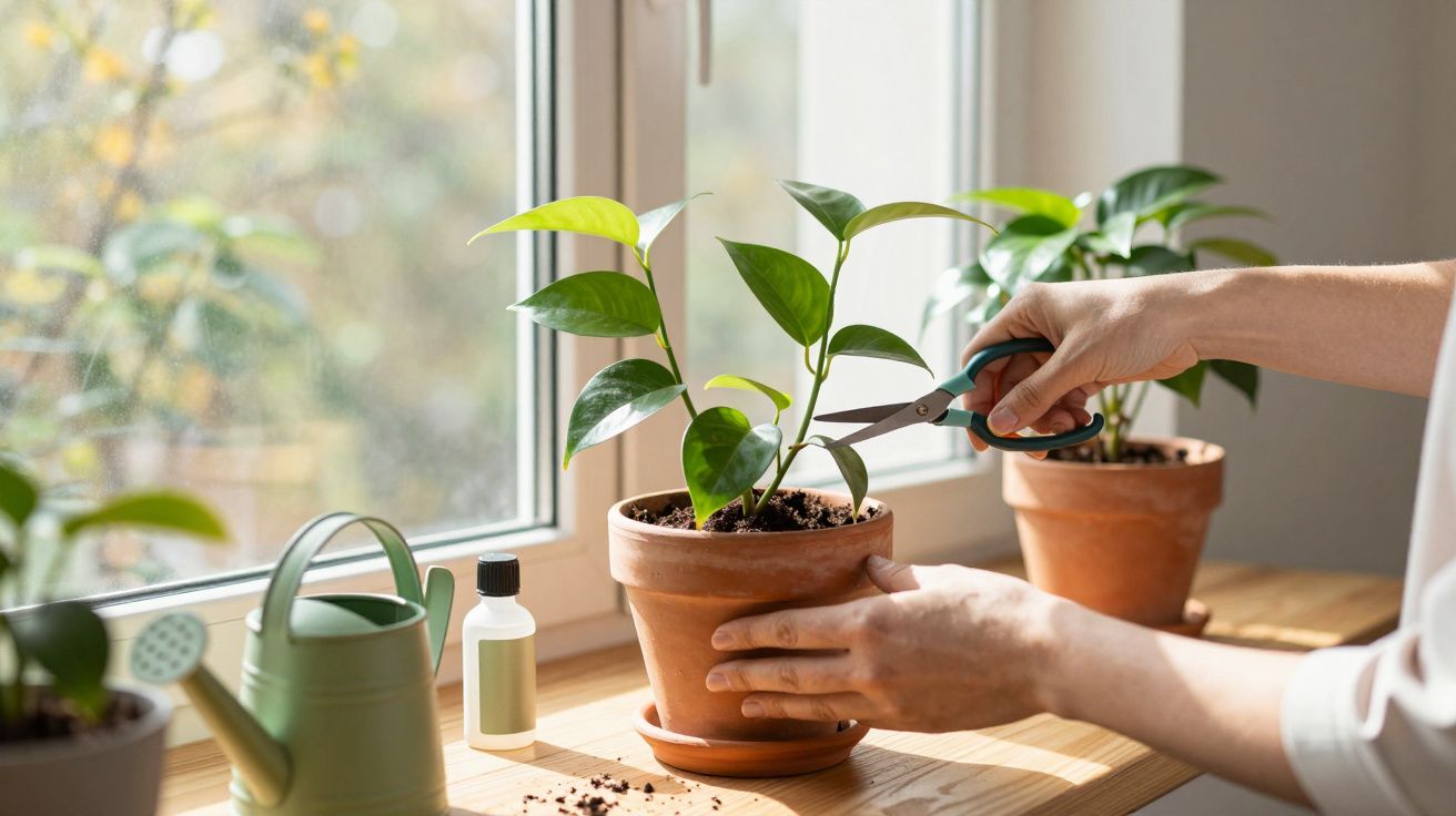 Pessoa a podar planta verde em vaso de barro junto a janela com regador e fertilizante ao lado.