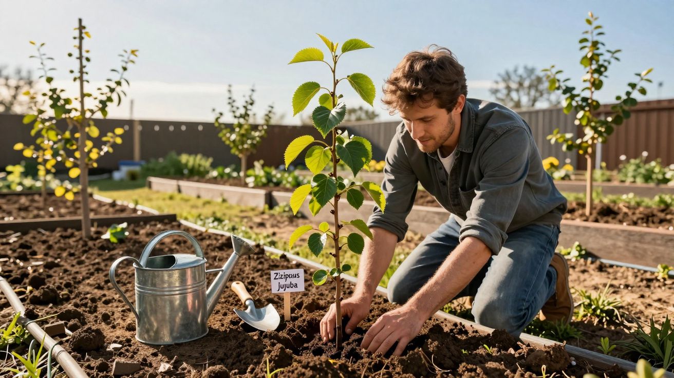 Homem a plantar uma árvore jovem num jardim com regador e enxada ao lado num dia de sol.