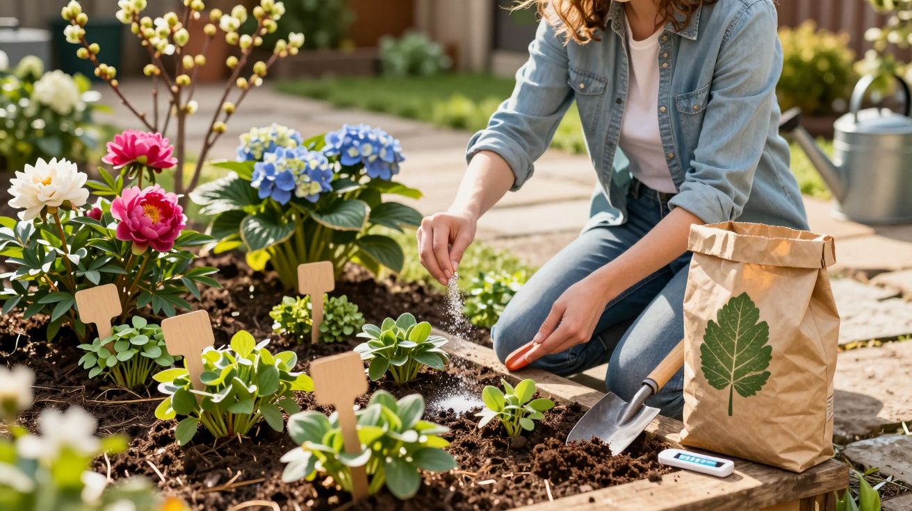 Pessoa a cuidar de plantas num canteiro com flores coloridas e terra, usando roupa casual.