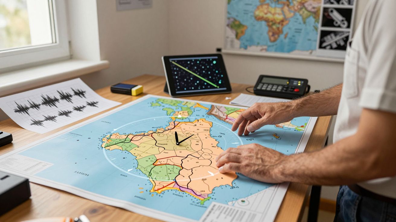 Pessoa a analisar um mapa geográfico sobre uma mesa com dispositivos eletrónicos e gráficos.