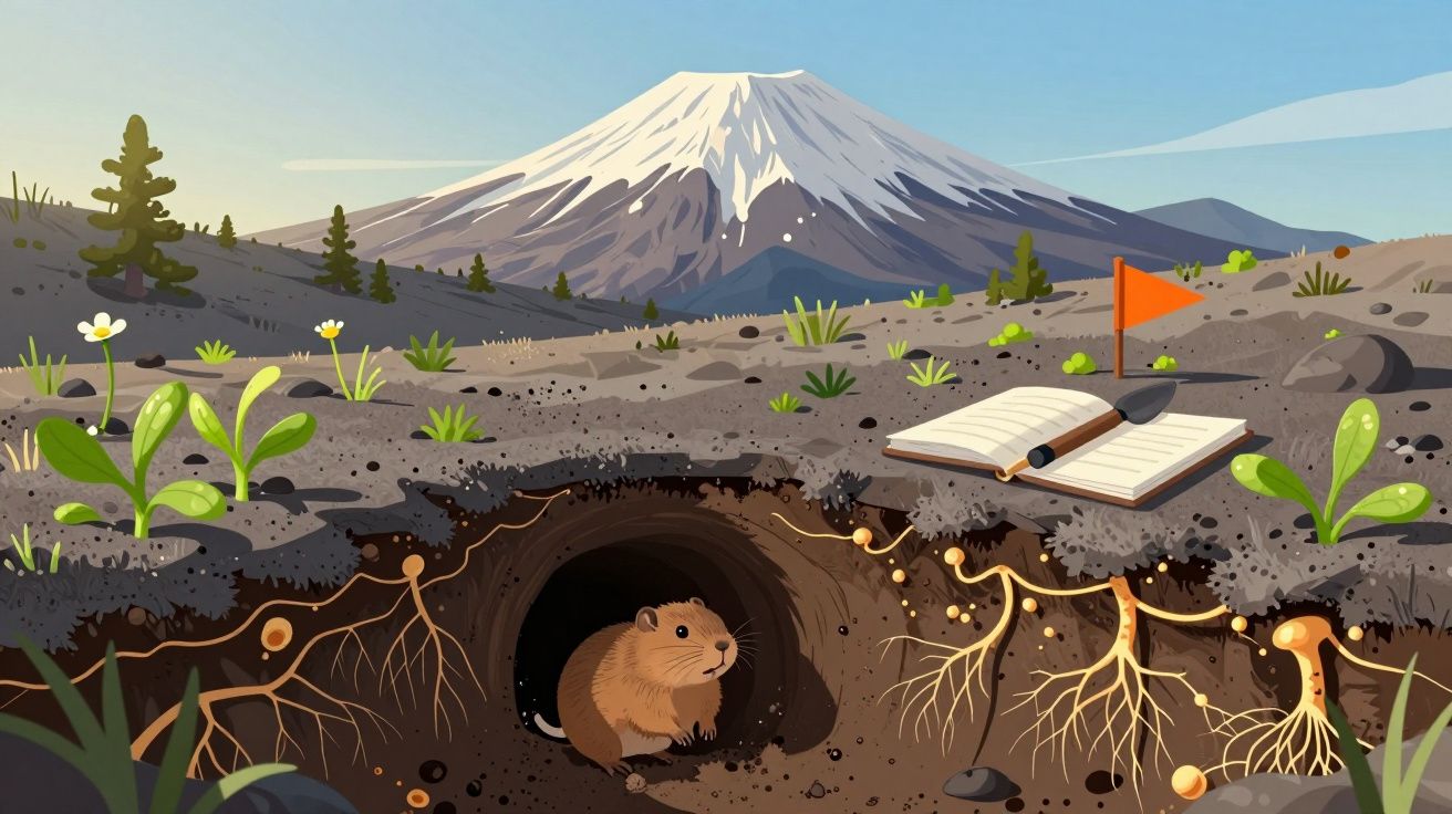 Montanha nevada ao fundo, solo com plantas e uma toca onde um roedor está, ao lado um caderno aberto e uma bandeira.