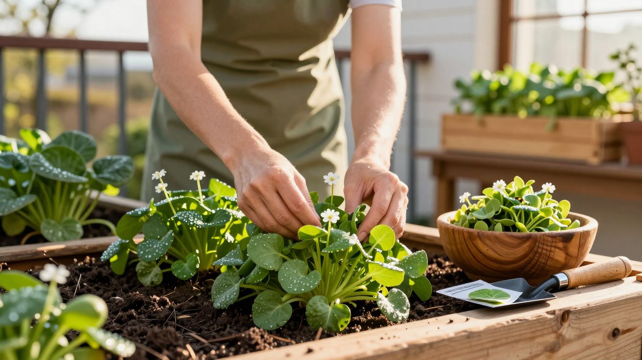 Mãos de pessoa a tratar de plantas com folhas verdes e flores brancas numa horta em madeira.
