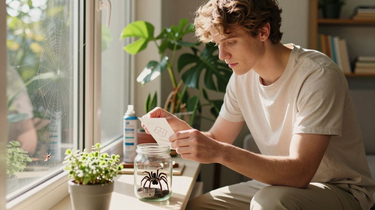 Jovem sentado à janela observa uma aranha grande num frasco, com teia visível na janela ao lado.
