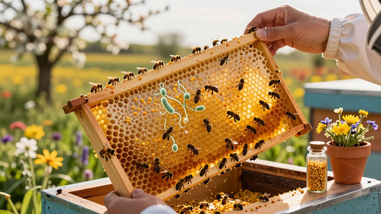 Quadro de colmeia com abelhas a trabalhar e pote de pólen, em apicultor ao ar livre.