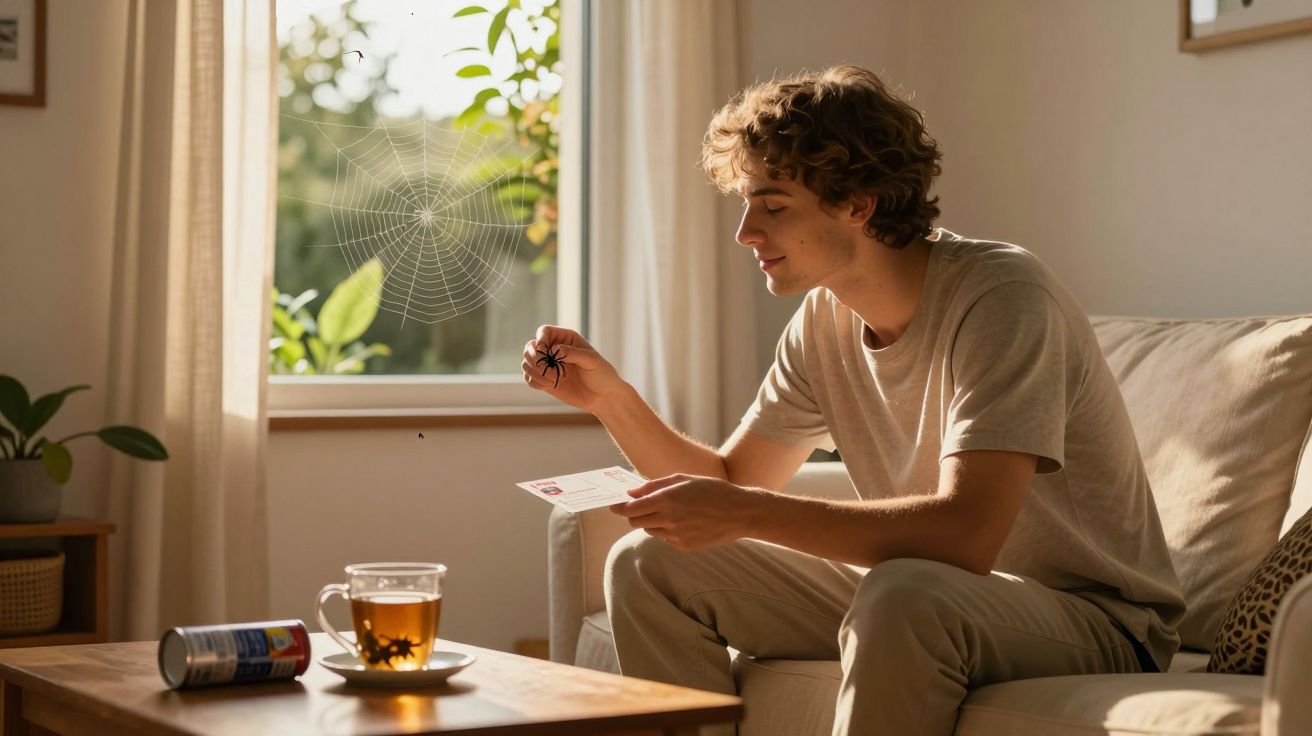 Jovem sentado no sofá a observar uma aranha de plástico junto a uma teia pendurada na janela da sala iluminada.