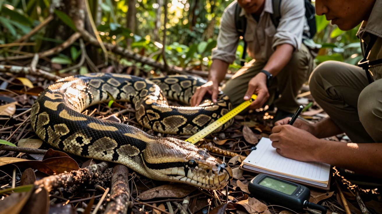 Cobra piton sendo medida por dois homens numa floresta, com folhas e equipamento de campo ao redor.